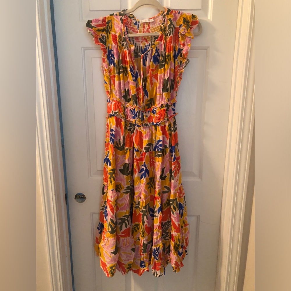 Karlie Pink Floral Ruffle Midi Dress with Multicolor Print